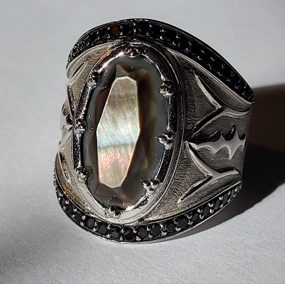 Labradorite And Black Spinel Unisex Ring Set In .925 Sterling Silver Sz 10